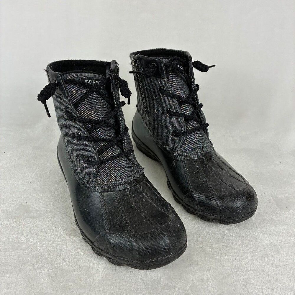 Sperry Syren Gulf Duck Boot Women’s Size 7 Black Glittery Zip Lace Up Rain Boot